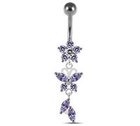 AZARIO London Lavender CZ Stone Flower with Butterfly and Leaf Dangling 925 Sterling Silver Belly Bar Piercing Jewellery