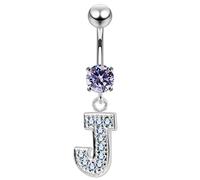 AZARIO LONDON Lavender CZ Stone J Alphabet Dangling Silver Belly Bar - Steel & Silver Navel Jewelry- Navel Ring Dangle- Belly Button Rings- 14G Curved Barbell