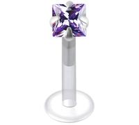 AZARIO LONDON Lavender Square Cz Stone Setting on Sterling Silver Push Fit Top with 16 Gauge - 6mm Length UV Bio Flex Lip Labret - Tragus Bar Piercing - Labret Stud Helix - Lip Piercing Ring