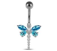 AZARIO LONDON Light Blue Crystal Stone Dragonfly Design Sterling Silver Belly Bars Piercing