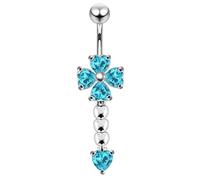 AZARIO LONDON Light Blue Crystal Stone Flower and Heart Design Sterling Silver Belly Bars Piercing