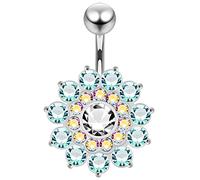 AZARIO LONDON Light Blue Crystal Stone Multi Layer Flower Silver Belly Bar - Steel & Silver Navel Jewellery- Navel Ring Dangle- Belly Button Rings- 14G Curved Barbell