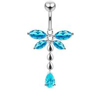 AZARIO LONDON Light Blue Crystal Stone Trendy Dragonfly Design Sterling Silver Belly Bars Piercing