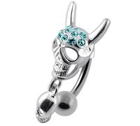 AZARIO LONDON Light Blue Crystal Stone Trendy Twin Devil Skull Design Sterling Silver Belly Bars Piercing