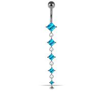 AZARIO London Light Blue CZ Stone Five Squares Gemstone Dangling 925 Sterling Silver Belly Bar Piercing Jewellery