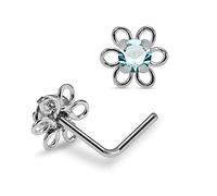 AZARIO London Light Blue Filigree Flower Crystal Stone 22 Gauge 925 Sterling Silver L Bend Nose Piercing