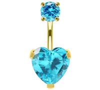 AZARIO LONDON Light Blue Heart with Round CZ Stone 18K Yellow Gold Plated Double Side Silver Belly Bar - Steel & Silver Navel Jewelry - 14G Belly Button Ring