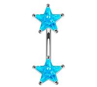 AZARIO LONDON Light Blue Jeweled Twin Stars Double Side Sterling Silver Belly Bars Piercing
