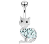AZARIO LONDON Light Blue Multi Crystal Stone Cute Cat Design 925 Sterling Silver Belly Bar Piercing
