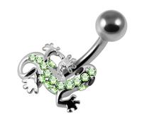 AZARIO LONDON Light Green Crystal Stone Tiny Gecko Sterling Silver Belly Bars Piercing