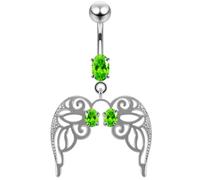 AZARIO London Light Green CZ Stone Cut Out Angle Wing Dangling Design 925 Sterling Silver Belly Bar Piercing