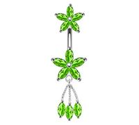 AZARIO London Light Green CZ Stone Daisy Flower with Leaf Dangling 925 Sterling Silver Double Side Belly Bar Piercing