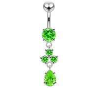 AZARIO London Light Green CZ Stone Round with Flower and Teardrop Dangling 925 Sterling Silver Belly Bar Piercing Jewellery