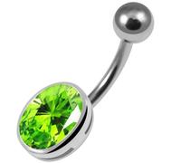 AZARIO LONDON Light Green Full Set Oval Cz Stone Silver Belly Bar - Steel & Silver Navel Jewelry - 14G Curved Barbell Belly Button Ring
