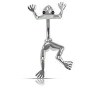 AZARIO LONDON Light Green Jeweled Jumping Frog Double Side Sterling Silver Belly Bars Piercing