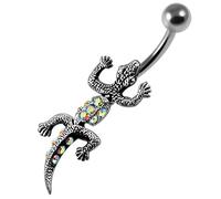 AZARIO LONDON Multi Color Crystal Stone Trendy Gecko Design Sterling Silver Belly Bars Piercing