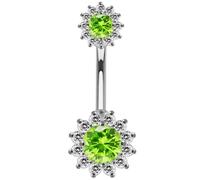 AZARIO LONDON Peridot Green Cz Stone Sudded Flower Double Side Design Sterling Silver with Stainless Steel Belly Bar - Navel Jewellery - Belly Button Ring Body Jewellery