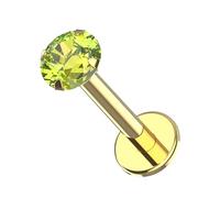 AZARIO LONDON Peridot Green Natural Gemstone Internally Threaded Top 14K Solid Yellow Gold 16 Gauge - 6mm Length Lip Labret - Tragus, Cartilage Piercing Jewellery