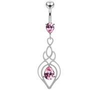 AZARIO London Pink CZ Stone Celtic Lotus Leaf Dangling 925 Sterling Silver Belly Bar Piercing Jewellery