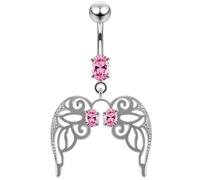 AZARIO London Pink CZ Stone Cut Out Angle Wing Dangling Design 925 Sterling Silver Belly Bar Piercing