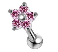 AZARIO LONDON Pink Cz Stone Tiny Flower 925 Sterling Silver Cartilage Earrings- Tragus Ring/Conch Piercing Stud/Helix Earring- Silver Barbell Stud- 16 Gauge Stud