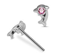 AZARIO LONDON Pink Dolphin Crystal Stone Top 925 Sterling Silver Straight Nose Stud Piercing Jewellery