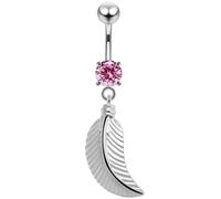 AZARIO LONDON Pink Gemstone Trendy Plain Feather Dangling Design Sterling Silver Belly Bars Piercing