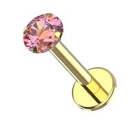 AZARIO LONDON Pink Lab Grown Diamond Internally Threaded Top 14K Solid Yellow Gold 16 Gauge - 8mm Length Lip Labret - Flat Back Earrings - Tragus, Helix, Cartilage, Conch Piercing Jewellery