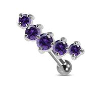 AZARIO LONDON Purple 5 CZ Stones in Curve Shaped Sterling Silver Tragus Cartilage Helix Piercing - Sold by Piece