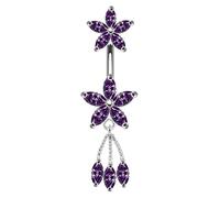 AZARIO London Purple CZ Stone Daisy Flower with Leaf Dangling 925 Sterling Silver Double Side Belly Bar Piercing