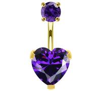 AZARIO LONDON Purple Heart with Round CZ Stone 18K Yellow Gold Plated Double Side Silver Belly Bar - Steel & Silver Navel Jewelry - 14G Belly Button Ring