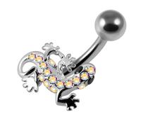 AZARIO LONDON Rainbow Crystal Stone Tiny Gecko Sterling Silver Belly Bars Piercing
