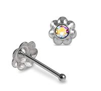 AZARIO LONDON Rainbow Embossed Flower Crystal Stone Top 925 Sterling Silver Ball End Nose Stud Piercing Jewellery