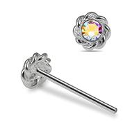 AZARIO LONDON Rainbow Twisted Flower Crystal Stone Top 925 Sterling Silver Straight Nose Stud Piercing Jewellery