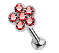 AZARIO LONDON Red Crystal Stone Five Petals Flower 925 Sterling Silver Cartilage Earrings- Tragus Ring/Conch Piercing Stud/Helix Earring- Silver Barbell Stud- 16 Gauge Stud