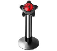 AZARIO LONDON Red Crystal Stone Star Push-Fit Top Black Anodized 16 Gauge - 8mm Length 316L Surgical Steel Madonna Lip Labret Tragus Bar Piercing Jewellery