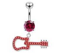 AZARIO LONDON Red Crystal Stone Trendy Guitar Design Sterling Silver Belly Bars Piercing