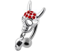AZARIO LONDON Red Crystal Stone Trendy Twin Devil Skull Design Sterling Silver Belly Bars Piercing