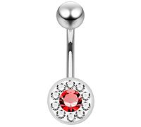 AZARIO LONDON Red Crystal Stone with Clear Crystal Stone Around Sterling Silver Belly Bars Piercing