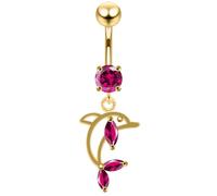 AZARIO LONDON Red Cz Stone Di Cut Dolphin Dangling 18K Yellow Gold Plated Silver Belly Bar - Steel & Silver Navel Jewelry - 14 Gauge Belly Bar
