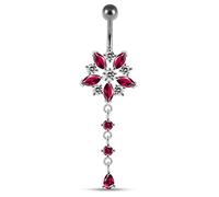 AZARIO London Red CZ Stone Flower in Star with Long Tail Dangling 925 Sterling Silver Belly Bar Piercing Jewellery