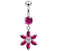 AZARIO LONDON Red Cz Stone Round with Sparking Flower Dangling Design Sterling Silver with Surgical Steel Belly Bar - Navel Jewellery - Belly Button Ring Body Jewellery