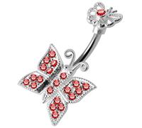 AZARIO LONDON Red Jeweled Mother and Baby Butterflies Double Side Sterling Silver Belly Bars Piercing