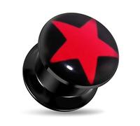 AZARIO LONDON Red Star Logo Black Acrylic Internally Threaded Gauge Flesh Tunnel Ear Plug - Sold by Piece