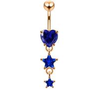 AZARIO LONDON Rose Gold Plated Dark Blue Cz Stone Heart with Two Star Dangling Design 925 Sterling Silver with Stainless Steel Belly Bar - Navel Jewellery - Belly Button Ring Body Jewellery