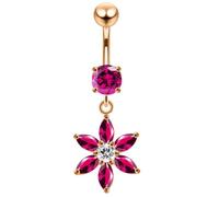 AZARIO LONDON Rose Gold Plated Red Cz Stone Round with Sparking Flower Dangling Design Sterling Silver with Surgical Steel Belly Bar - Navel Jewellery - Belly Button Ring Body Jewellery