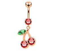 AZARIO London Rose Gold PVD Over Red Cherry Dangling Sterling Silver Belly Bars Piercing