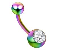 AZARIO LONDON Single Clear Crystal Stone Rainbow Anodized 14 Gauge G23 Grade Titanium Banana Belly Bar Piercing