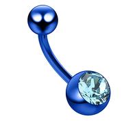 AZARIO LONDON Single Light Blue Crystal Stone Blue Anodized 14 Gauge G23 Grade Titanium Banana Belly Bar Piercing