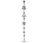 AZARIO LONDON White Crystal Stone Trendy Extra Long Flower Design Sterling Silver Belly Bars Piercing